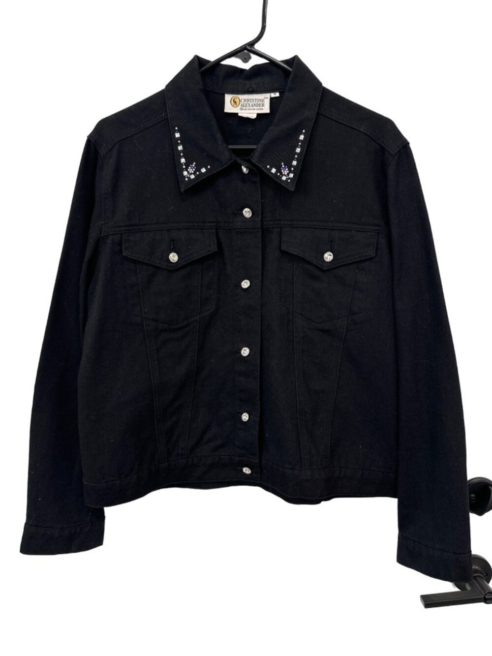 Christine Alexander Bling Embellished Motorcycle Jean Jacket Women L Black Biker